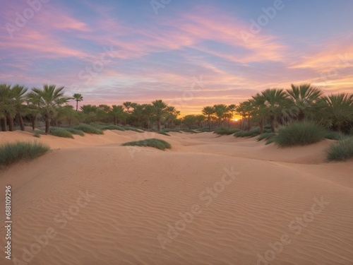 a park oasis bordered by gently curving sand dunes  captured during the golden hour of sunset.