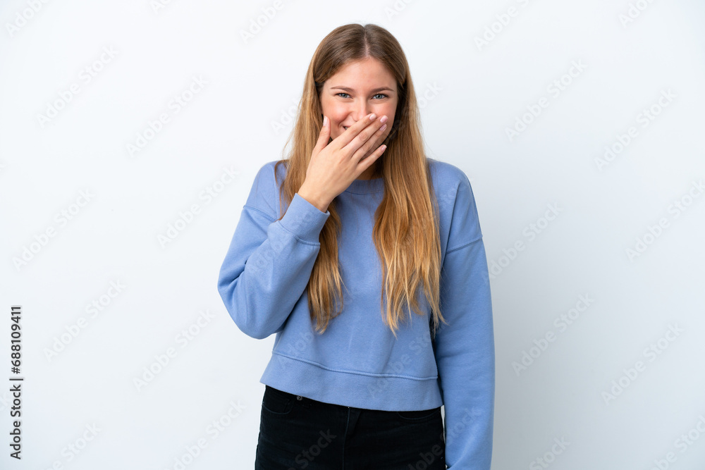 Young blonde woman isolated on white background happy and smiling covering mouth with hand Young blonde woman isolated on white background happy and smiling covering mouth with hand