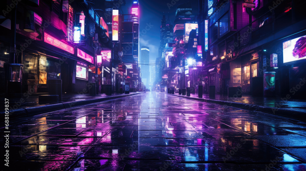 A dark city from the future with purple, blue and pink neon lights
