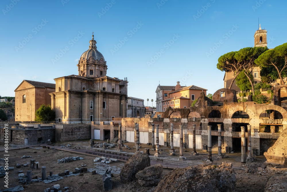 Beautiful morning view of the ruins of the famous Roman Forum (Foro Romano) illuminated by the first rays of the sun, Rome, Italy