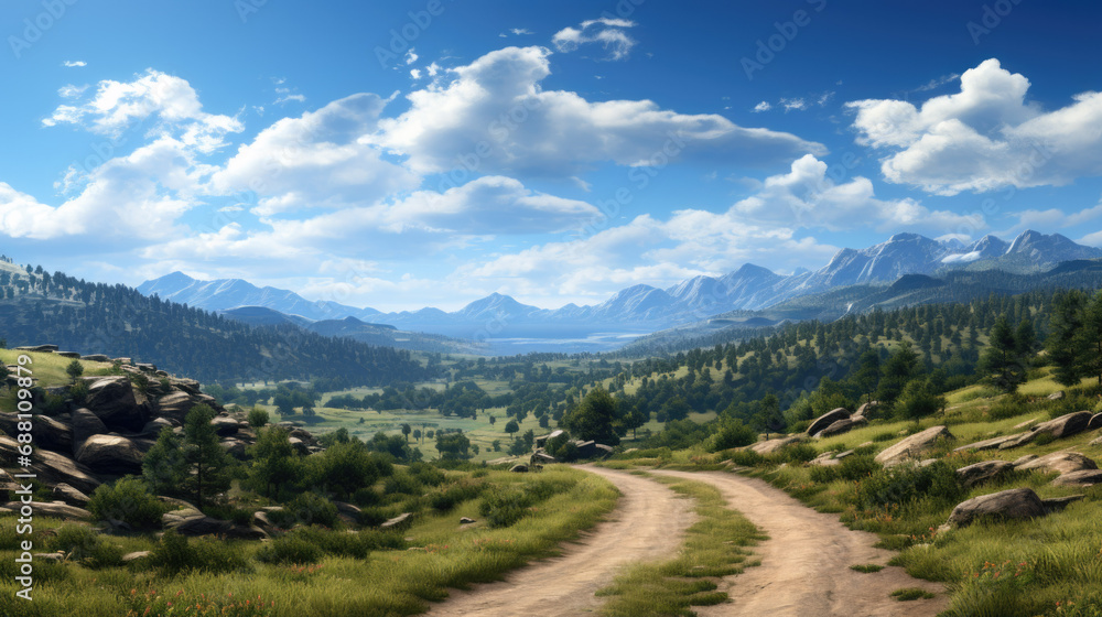 A dirt road in the background are mountains A dirt road in the background are mountains