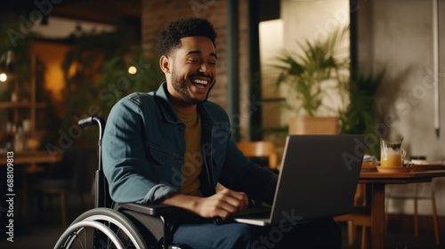 Smiling man in a wheelchair works on laptop in his home office.