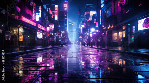 A dark city from the future with purple  blue and pink neon lights