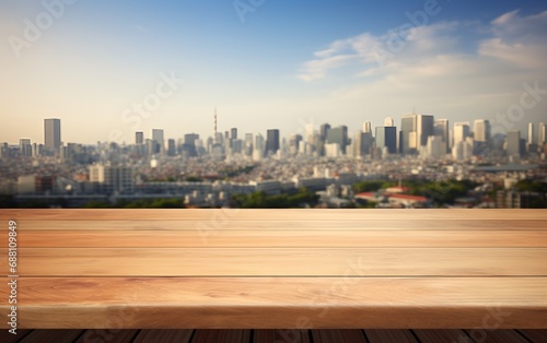 Wood table top with blurred Tokyo city view background for website  copy space  for word  template  presentation