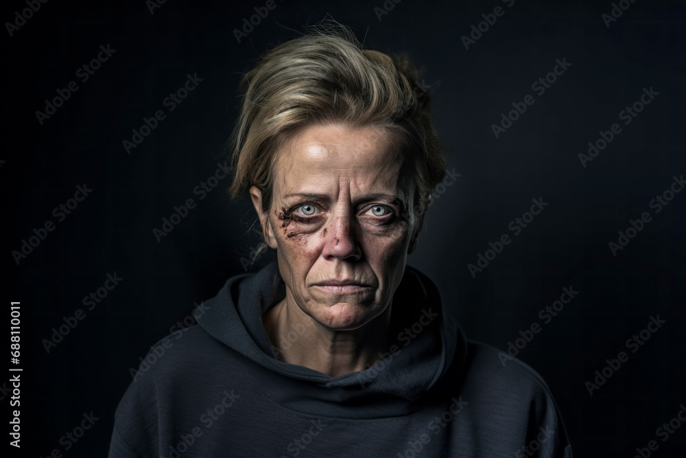 Beaten up middle aged woman, victim of domestic violence