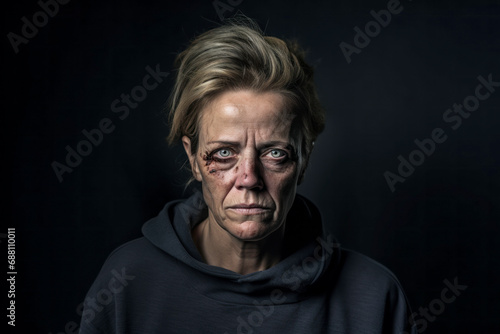 Beaten up middle aged woman, victim of domestic violence