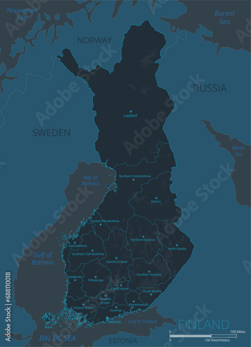 Finland map. High detailed map of Finland with countries, borders, cities, water objects. Vector illustration EPS10