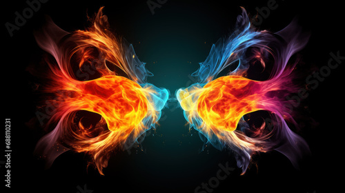 Frame of multi-colored neon fire on black background