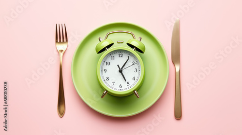 Clock placed on a plate flanked by a fork and a knife , symbolizing the importance of timing in eating habits.