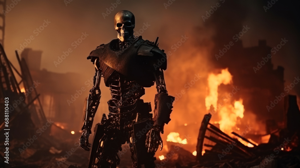 Fototapeta premium Rise of the machines - Robot Death on burning ruins