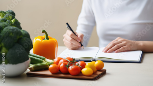 Person writing in a notebook surrounded by a variety of colorful fruits and vegetables, planning healthy diet.
