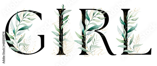 Word GIRL made with Black letters with green watercolor leaves, isolated wedding illustration photo