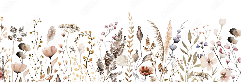 Border with watercolor border with autumn brown wild flowers and leaves, wedding illustration - obrazy, fototapety, plakaty 