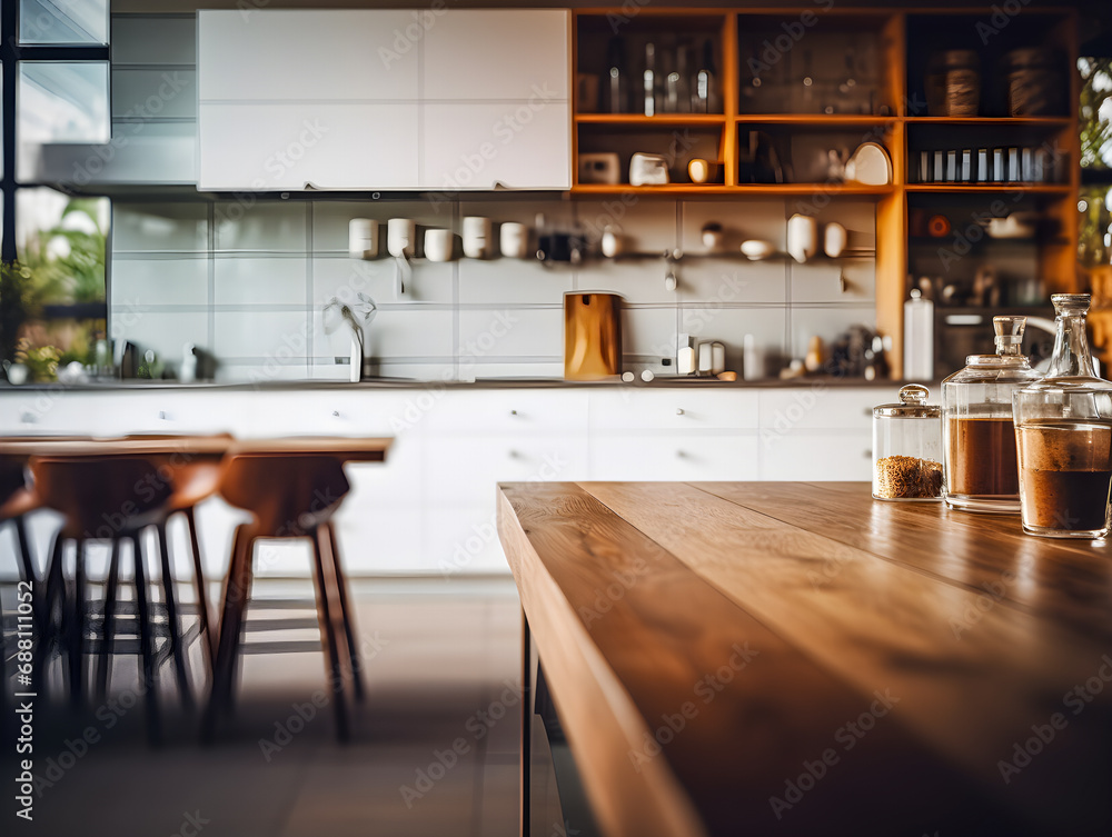 Empty beautiful wood table-top counter and blur bokeh modern kitchen interior background in clean and bright