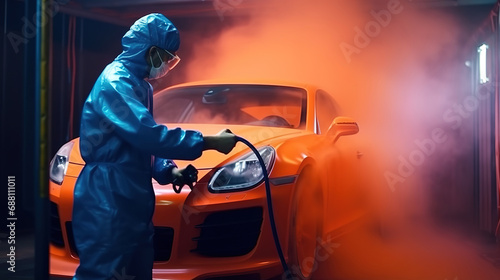 Automotive industry manufacturing details painter working on applying red paint on a van photo
