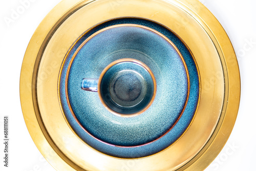 blue plates on gold tray photo