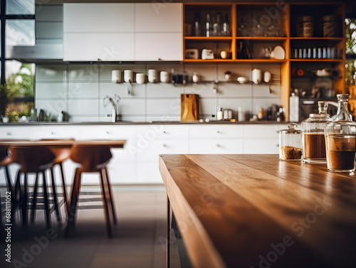 Empty beautiful wood table-top counter and blur bokeh modern kitchen interior background in clean and bright