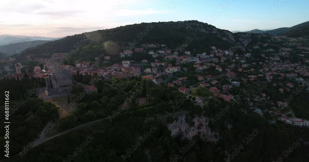 Aerial Shot Of Trophy Of Augustus On Top Of Green Mountain, Drone Flying Backwards During Sunset - Monte Carlo, Monaco Aerial Shot Of Trophy Of Augustus On Top Of Green Mountain, Drone Flying Backwards During Sunset - Monte Carlo, Monaco