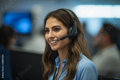Customer service, happy and communication of woman at call center pc talking with joyful smile. Consultant, advice and help desk girl speaking with clients online with computer headset mic