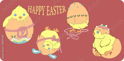 Chicken hatching stages. Newborn little cute chick, small baby bird emergence from egg, cracked shell in laying hens nest. Easter chicks concept. Happy easter