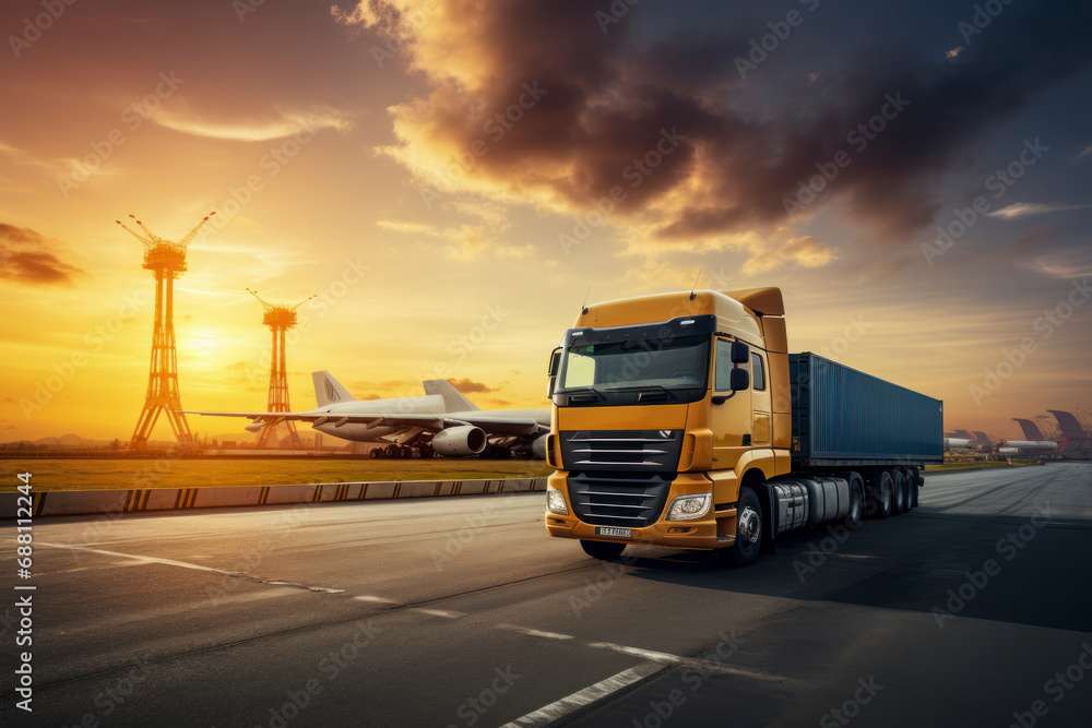 Container truck ,ship in port and freight cargo plane in transport and import-export commercial logistic ,shipping business industry.