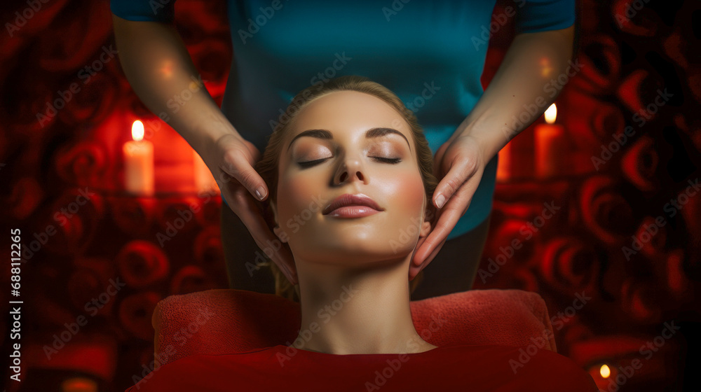 Naklejka premium In a close-up, a beautiful young lady relaxes as a cosmetician massages her face, highlighting the importance of skincare for a healthy, radiant complexion.
