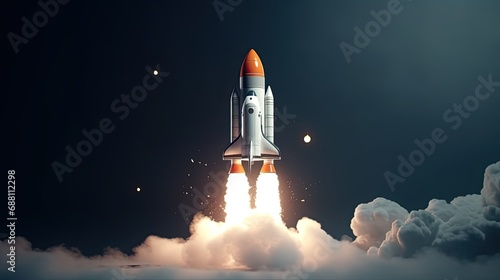 Startup rocket takeoff. 3D rocket launch up. Concept of starting business. Spacecraft with smoke photo