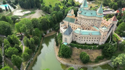 Aerial view of Bojnice medieval castle, UNESCO heritage in Slovakia. The Castle Of Spirits or Bojnice Castle in Slovakia. Romantic castle with with gothic and Renaissance elements