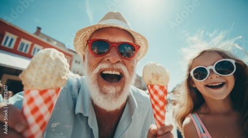 Grandfather and grandson pose with ice cream