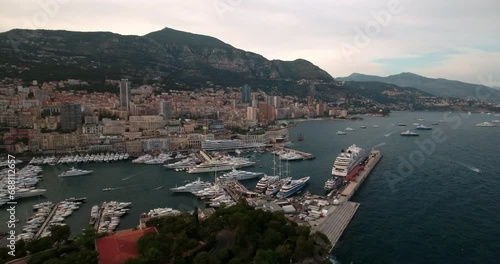 Wallpaper Mural Aerial Forward Shot Of Nautical Vessels At Harbor Surrounded By City On Mountains Against Sky - Monte Carlo, Monaco Torontodigital.ca