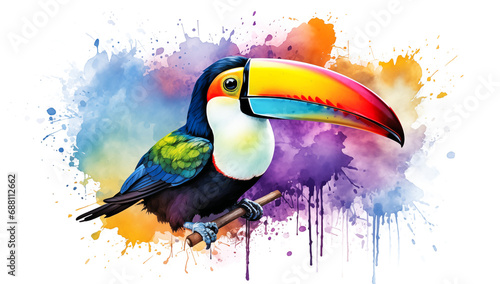 Colorful toucan bird with tropical flowers painted in watercolor style with splash of paint isolated on white background. Tropical travel vacation cute cartoon , exotic jungle graphic resource by Vita © Vita