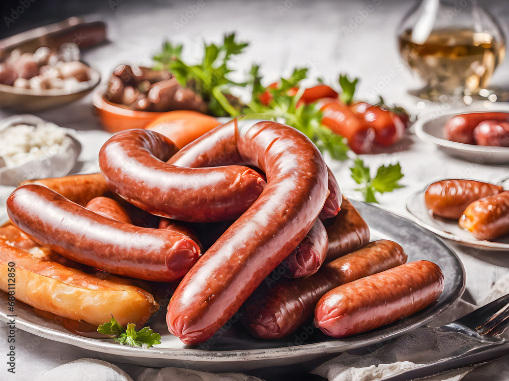 Grilled sausages with garlic and parsley on a plate Grilled sausages with garlic and parsley on a plate