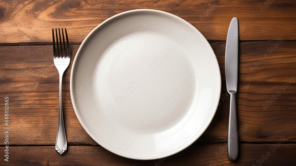 Empty plate with fork and knife on wooden table, Served cutlery, minimal table setting Empty plate with fork and knife on wooden table, Served cutlery, minimal table setting