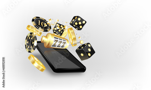 Slot machine in smartphone on white background. Online casino on mobile. Internet gambling concept. Design poster to ad 3D realistic vector.