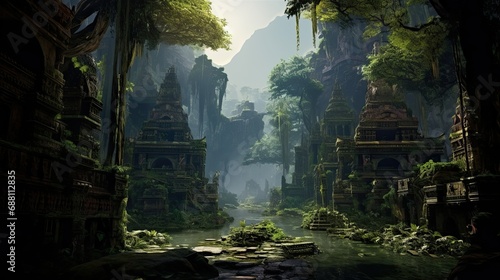 Ruins of ancient city in jungle. Old ruined buildings in forest. Archaeology and history. photo