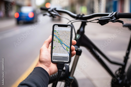 Man using navigator application on her phone when riding bicycle
