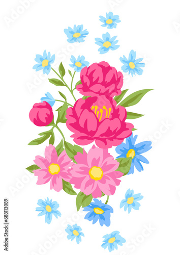 Background with pretty flowers. Beautiful decorative natural plants and leaves.