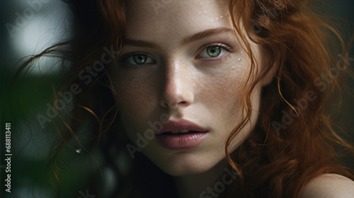 A close up portait of a blonde woman  with green eyes  photo