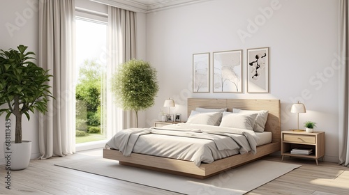 Living room  respectable apartment in Scandinavian neoclassical style. Bedroom with bed.