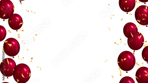 Red balloons, gold confetti concept design template celebration holiday, Christmas, valentines