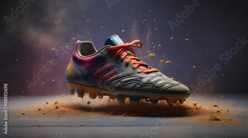 Football boots on air with explosion of colorful dust