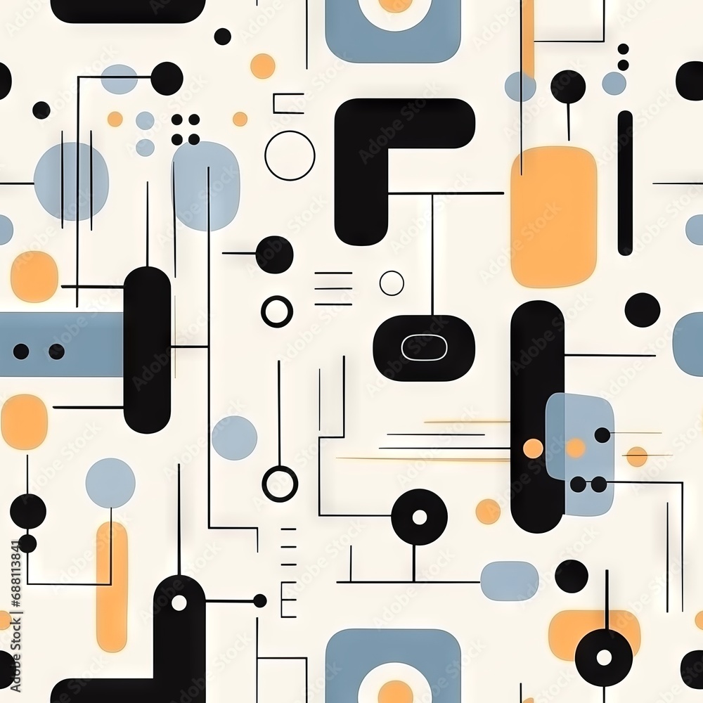 Seamless geometric pattern with elements like large squares, circles, and triangles. Seamless geometric pattern with elements like large squares, circles, and triangles.