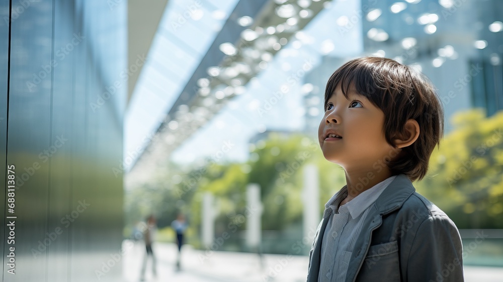 Young Boy Standing in Front of Building Young Boy Standing in Front of Building