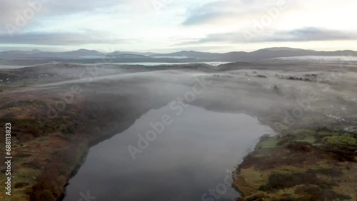 Aerial view of Lough Fad by Portnoo in the fog, County Donegal, Ireland photo