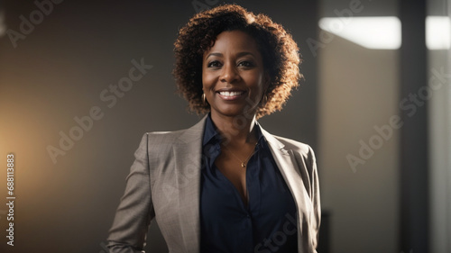Happy middle aged business woman ceo standing in office . Smiling mature confident professional executive manager, proud lawyer, businessman leader,  space for text