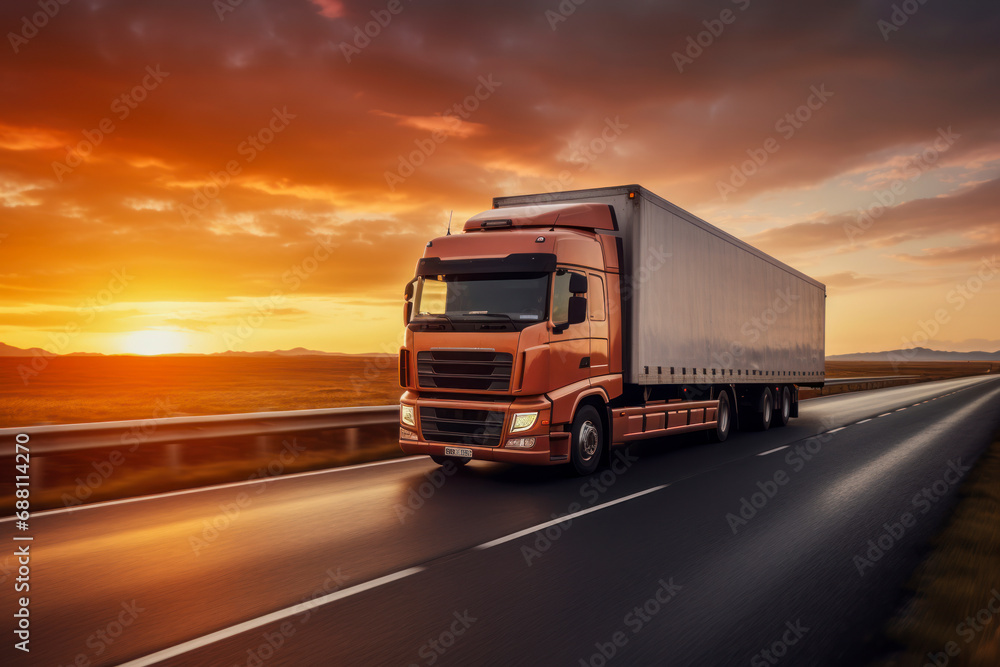 Generic big trucks speeding on the highway at sunset - Transport industry concept , big truck containers. Generic big trucks speeding on the highway at sunset - Transport industry concept , big truck containers.