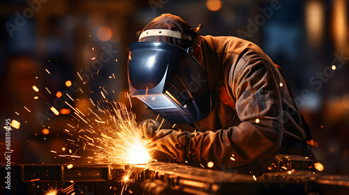 The welder is welding metal in an industrial setting with a bokeh and sparkle background, photo