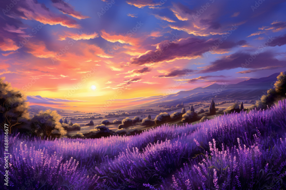 lavender field at sunset, lavender field in sunset, Sunset over a violet lavender field 