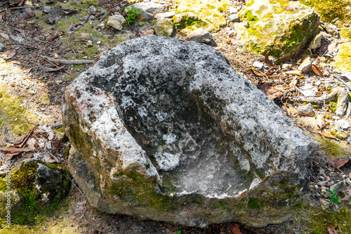 Coba Maya Ruins artefacts and finds in tropical jungle Mexico.