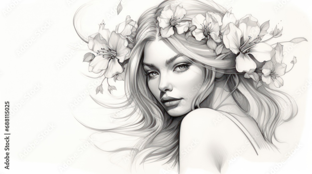 Fototapeta premium Sketch for a tattoo. Pencil drawing of a beautiful girl